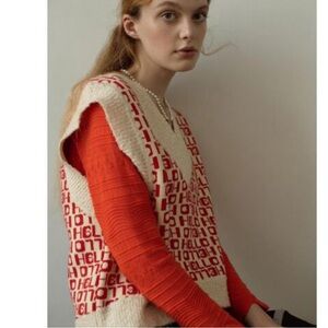 Urban Outfitters Red and Cream V-Neck Sweater